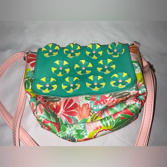 TARGET PINK GREEN YELLOW FLORAL FAUX LEATHER GIRLS SHOULDER BAG PURSE - Picture 2 of 10